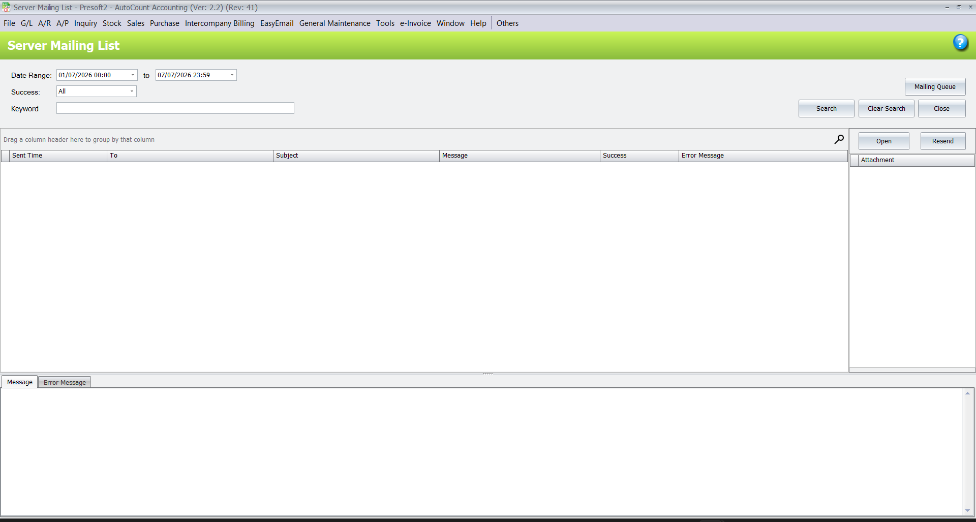 Settings screen for server mailing list