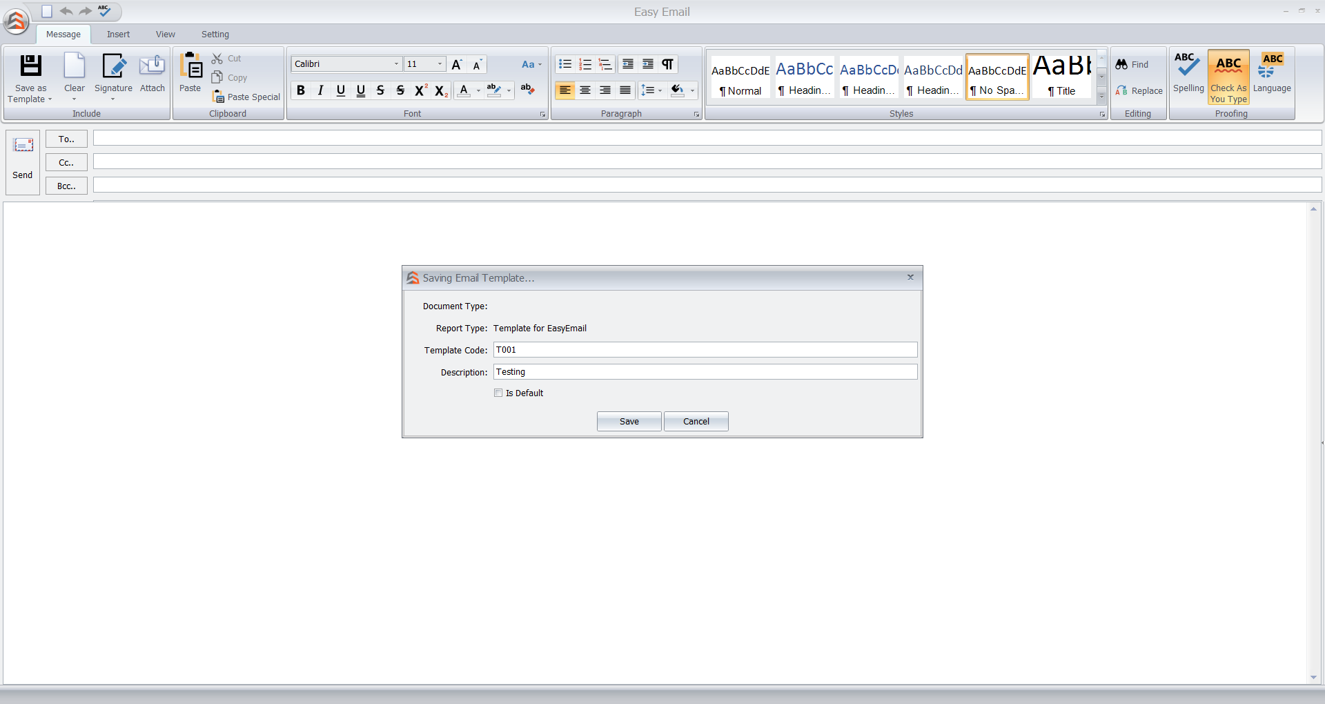 Settings screen for setting email templates