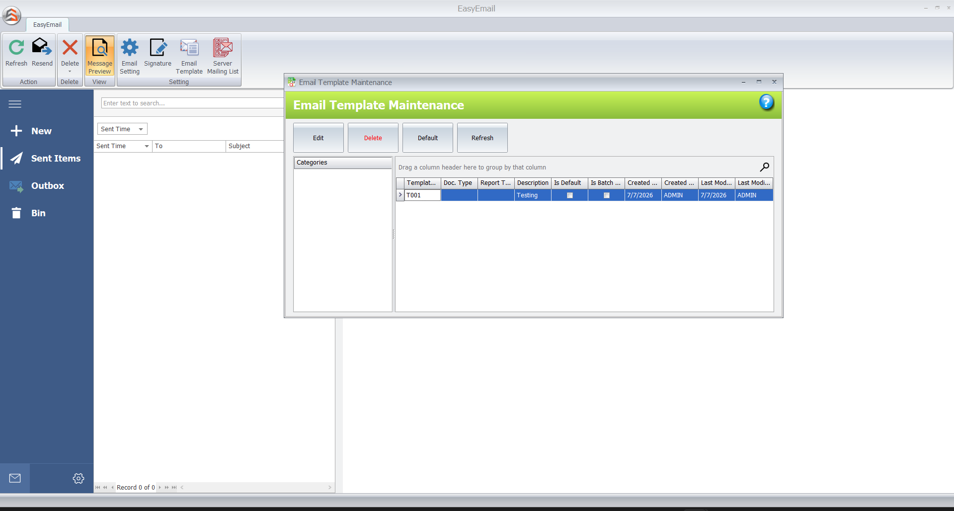 Email templates management screen